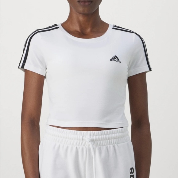 Adidas Sportswear ESSENTIALS 3 STRIPES BABY T-shirt Jersey Crop Top B&W size L - Picture 5 of 11